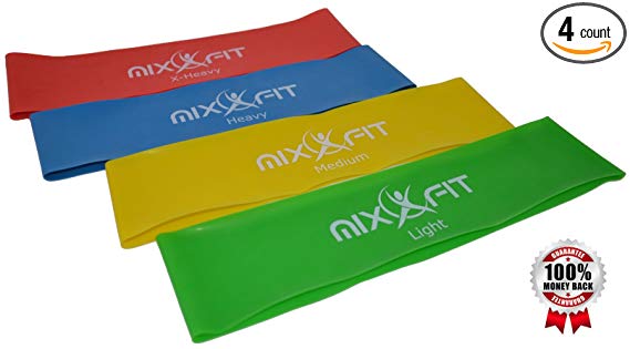 Mixxfit Resistance Bands - Flat Loop Training Exercise Bands. 4 Piece Set in Light, Medium, Heavy and X-heavy Resistant Levels. Great for Home Training and Therapy/rehab Workouts. Use for Yoga and Pilates. Workout Pamphlet and Carrying Bag Included (12