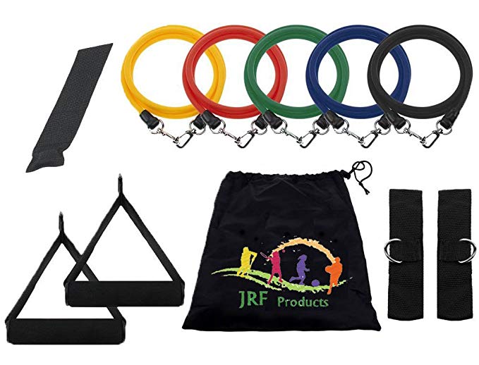 JRF Exercise Resistance Band Set with 1 Door Anchor, 2 Ankle Strap, 2 Cushioned Foam Handles and Resistance Bands Carrying Case