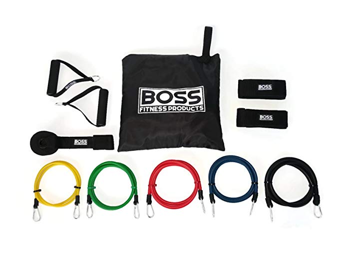 Boss Fitness Products - 11 Piece Adjustable Resistance Band Set - 5 Bands - Heavy Duty Door Anchor - Premium Ankle Straps, Soft Grip Handles - Carrying Bag - Additional Accessories