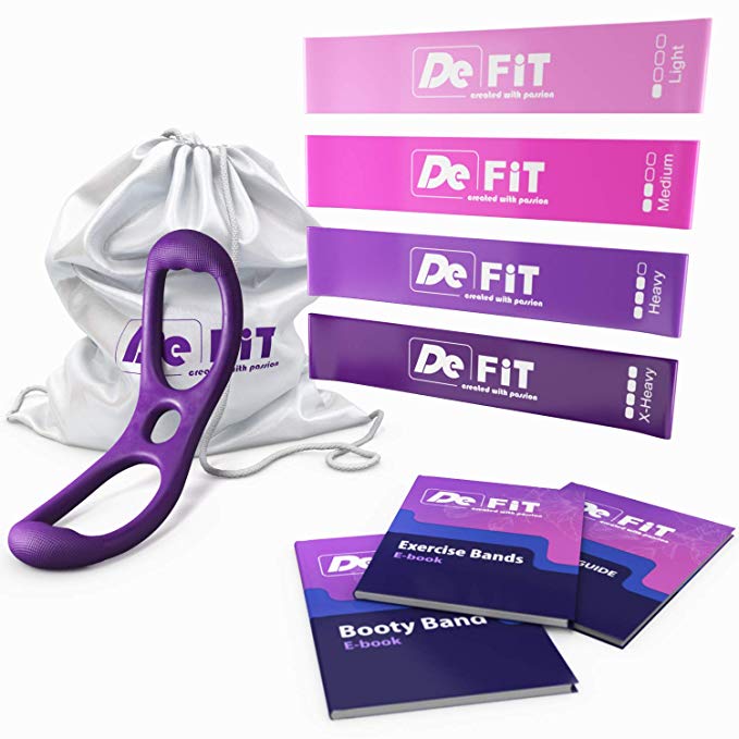 DeFiT Booty Band & Resistance Bands - Perfect Brazilian Butt Lift - Set of 12 inch Exercise Bands with Booty Bands for Women + Carry Bag & Two Exercise eBooks + Nutrition Guide as Bonuses