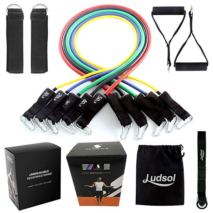 Ludsol Resistance Bands Set Workout Bands,11 PCS with Exercise Tube Bands,Door Anchor,Legs Ankle Straps,Waterproof Carry Bag and Exercise Guide Booklet-for Resistance Training,Physical Therapy