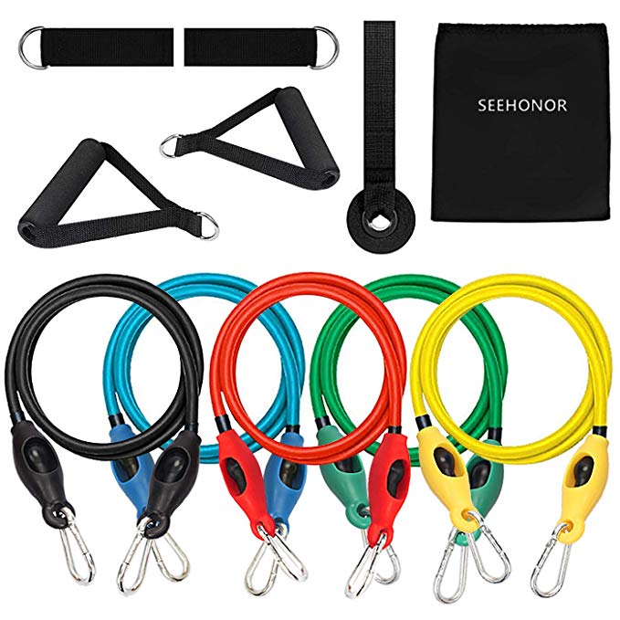 SEEHONOR Resistance Bands Set, Upgraded Workout Bands Include 5 Stackable Exercise Bands with Handles, Legs Ankle Straps, Door Anchor and Carry Bag for Resistance Training Home Workouts