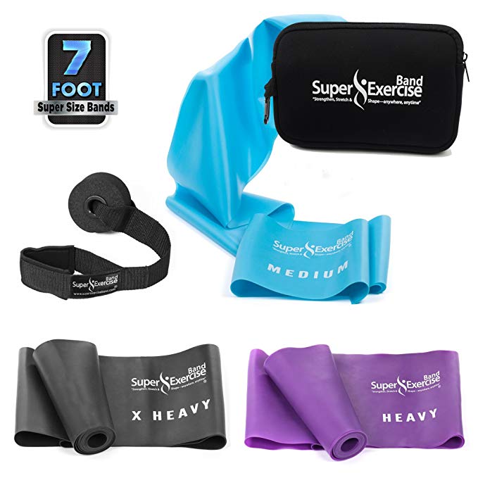 Super Exercise Band 7 ft Resistance Bands Set of 3. Ideal Fitness Gift Kit in Light, Medium, or Heavy Latex Free Bands for Strength Training or Physical Therapy with Door Anchor, Carry Pouch, ebook.