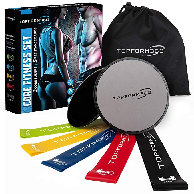 Core Sliders and Resistance Bands – 2 Gliding Discs & 5 Resistance Loops Bundle to Strengthen your Core & Abs | Dual Sided Gliders Will Work On Carpet & Hard Floors | Portable GYM | BONUS Travel Bag