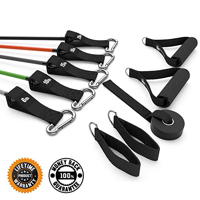 King Athletic Resistance Bands with Handles & Door Anchor :: Rubber Stretch Fitness Training Tube Band Set Comes with Leg Straps and Exercise Chart :: Includes 2 Free Instructional E-Books