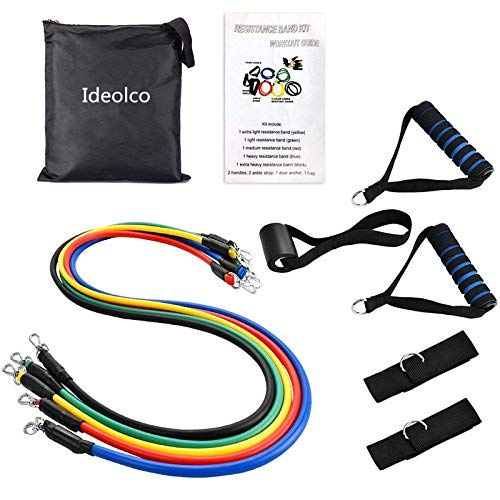 11 pcs Resistance Band Set, Idealco Portable Fitness Resistance Exercise Set with 5 Color Stackable Exercise Loop Bands, Door Anchor, Handles,Legs Ankle Straps, Carrying Case,Instruction Booklet