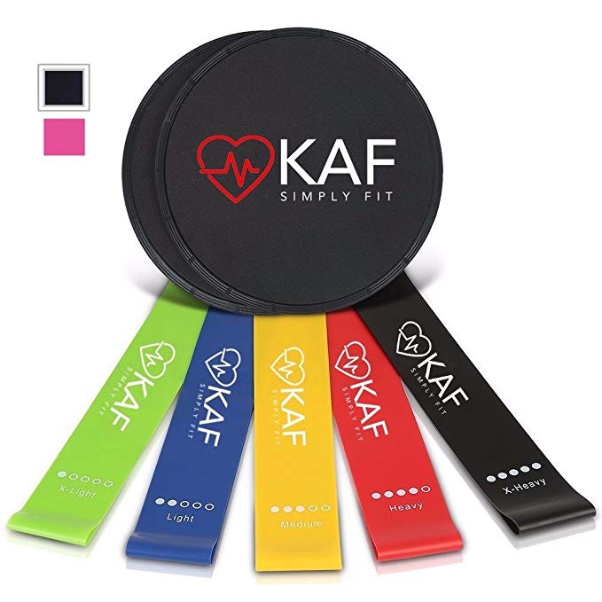 KAF Fitness Premium Set of 5 Resistance Bands & 2 Dual-Sided Gliding Discs (Black/Pink) - Intense, Low-Impact Exercises for Core, Glutes, Abdominal Strength and Stability - Work on Any Surface