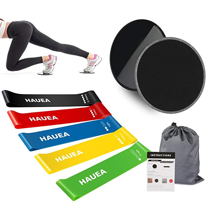 Eastshining Fitness Training Set - 2 Portable Core Sliders Gliding Discs and 5 Resistance Loop Exercise Mini Bands plus Carry Bag, Perfect Home Low Impact Workout For Legs and Butt, Pilates, Yoga