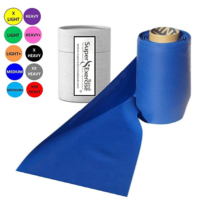 Super Exercise Band Latex Free Resistance Band Material in 8 and 16 YARD Long Bulk Roll Lengths Non-Latex. Home Gym Training For Physical Therapy, Pilates, Yoga, and Stretching Workouts.