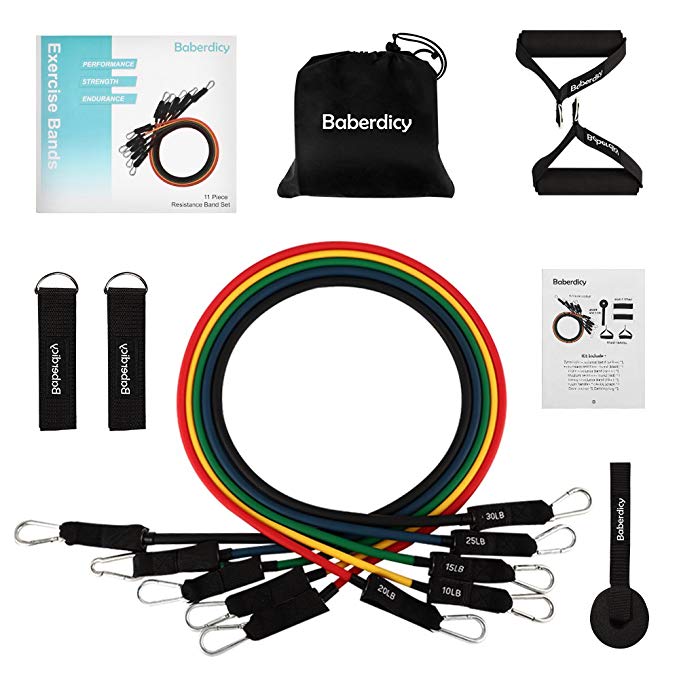 Resistance Bands Set –Baberdicy Include 5 Stackable Exercise Bands with Carry Bag and Beautiful Package,Door Anchor Attachment, Legs Ankle Straps & Manual – 100% Life Time Guarantee