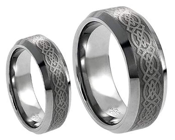 His & Her's 8MM/6MM Tungsten Carbide Wedding Band Ring Set w/Laser Etched Celtic Design