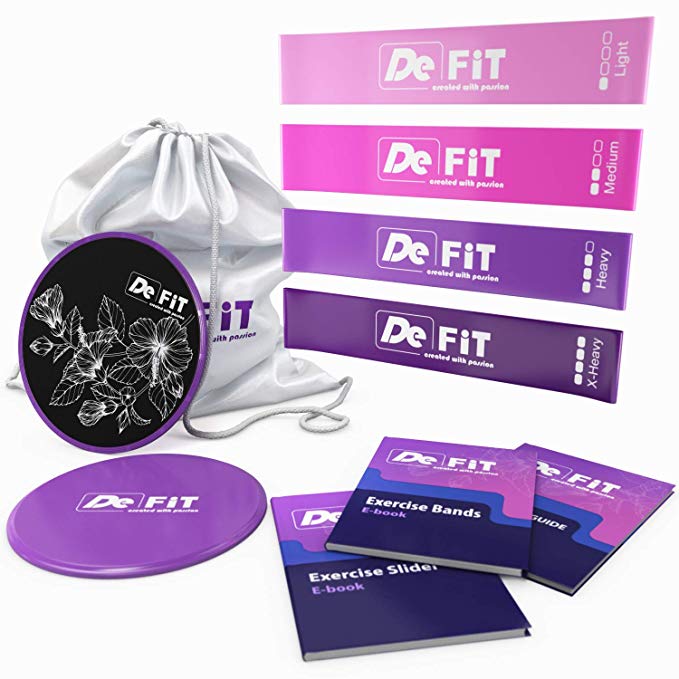 DeFiT Resistance Bands & Exercise Sliders - Best Exercise Bands & Sliders Fitness Set - 12inch Resistance Loops - Workout Bands & Core Sliders + Carry Bag, Exercise eBooks & Nutrition Guide as Bonuses