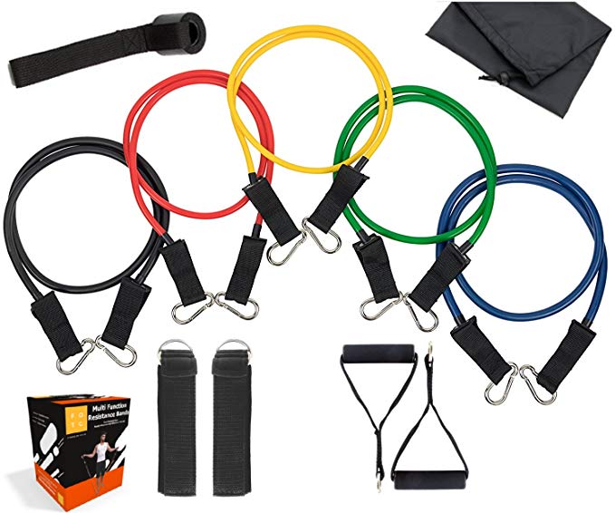 Fit On The Go Resistance Band Set - 11pc Latex Physical Therapy, Exercise, Fitness Training Bands 5 Color Coded Exercise Bands, Handles, Carrying Case, Door Anchor Ankle Strap