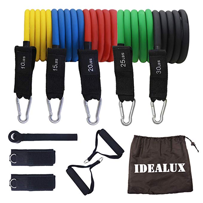 IDEALUX Resistance Band Set, 11 Sets Include 5 Stackable Exercise Bands with Carrying Case, Foam Handles,Door Anchor Attachment, Legs Ankle Straps, for Male & Female Practicing, Arm Muscles Practicin