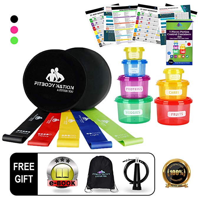 Resistance Bands(5)& Core Sliders Fitness Discs(2)Set- Free Weights 80 Day Obsession Equipment, Booty Bands Workout, With 21 Day Fix 7pc Portion Control Container(Free Jump Rope &Weight Loss E-Book)