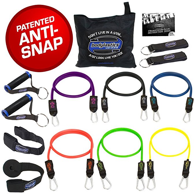 Bodylastics Stackable 12pcs, 14pcs, 19pcs and 31pcs Max Tension Resistance Bands Sets Include 5, 6, 7 or 12 of Our Anti-Snap Exercise Bands, Heavy Duty Components, a Bag and User Manual.