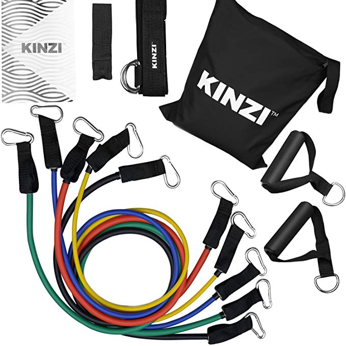 Kinzi Resistance Band Set with Door Anchor, Ankle Strap, Exercise Chart & Resistance Band Carrying Case