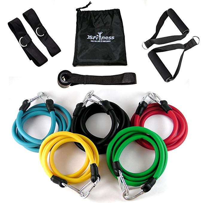 JS Fitness Resistance Band Set with Door Anchor, Ankle Strap, Handles, and Resistance Bands Carrying Case