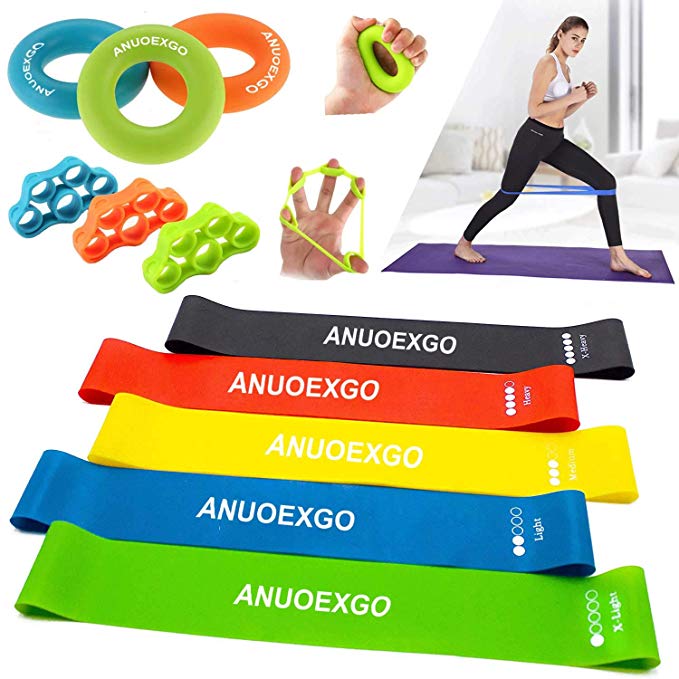 ANUOEXGO Exercise Loop Resistance Bands Set of 5,Hand Grip Strengthener Finger Stretcher Set of 3,Sport Gear for Yoga/Pilates/Stretching/Strengthening/Home Fitness/Physical Therapy