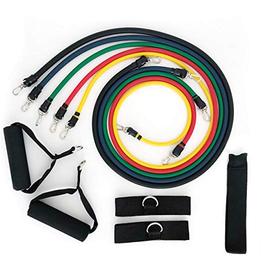 Sag Colletion Resistance Band Set - Include 5 Stackable Exercise Bands with Waterproof Carrying Case, Door Anchor Attachment, Legs Ankle Straps and Exercise Guide - 100% Life Time Guarantee