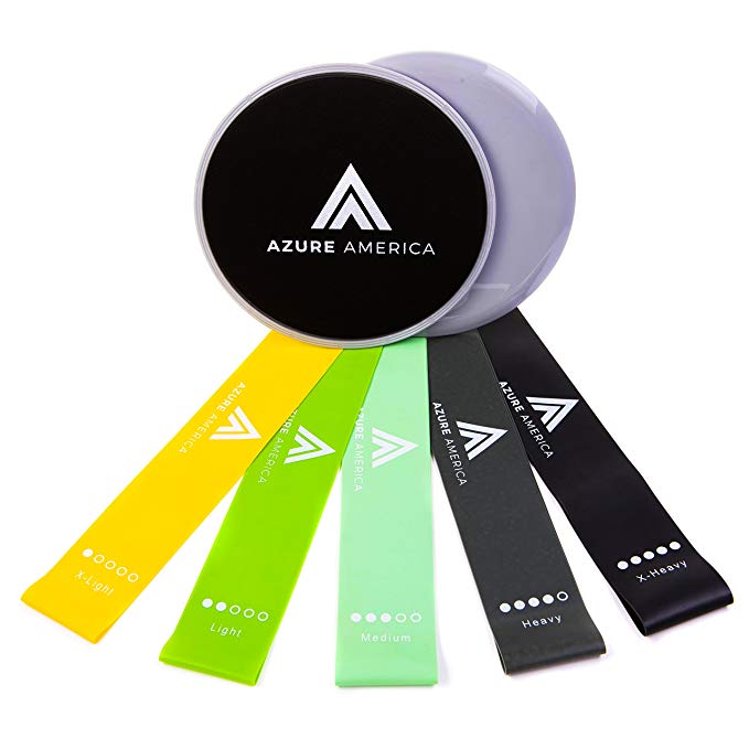 Azure America PREMIUM 5 Exercise Resistance Loop Bands & 2 Gliding Core Disk Sliders - Perfect For Abs, Core, Glutes Exercise, Fitness, Yoga, Pilates, Stretching, Full Body Workout - Ultra Durable