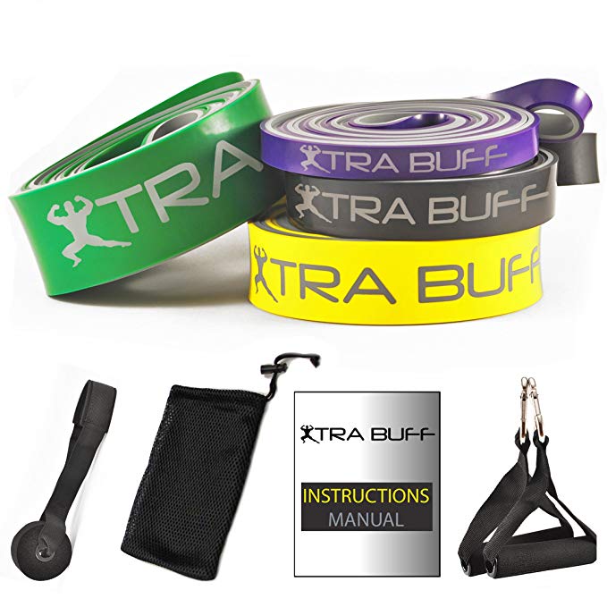 Pull-Up Bands Set by Xtra Buff - 4 Resistance Bands + 4 Accessories | Perfect for Stretching, Powerlifting & Pullup Workouts | Premium Quality Heavy Duty Latex | Suitable for Men, Women & Kids