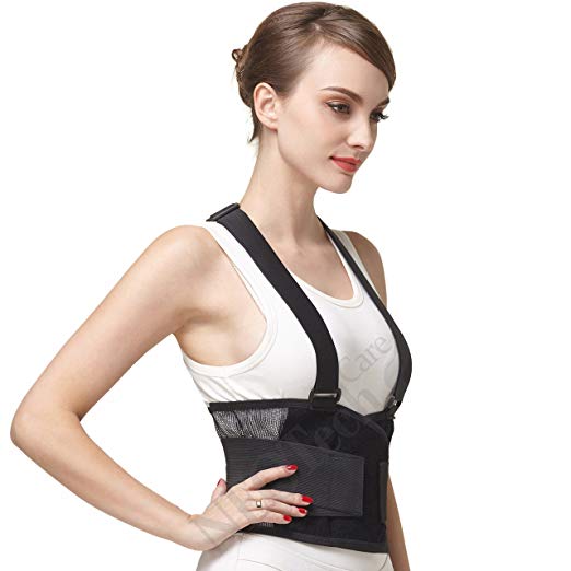 Back Brace with Suspenders/Shoulder Straps - Light & Breathable - Lumbar Support Belt for Lower Back Pain - Posture, Work, Gym - Neotech Care Brand - Black Color - Size XXL