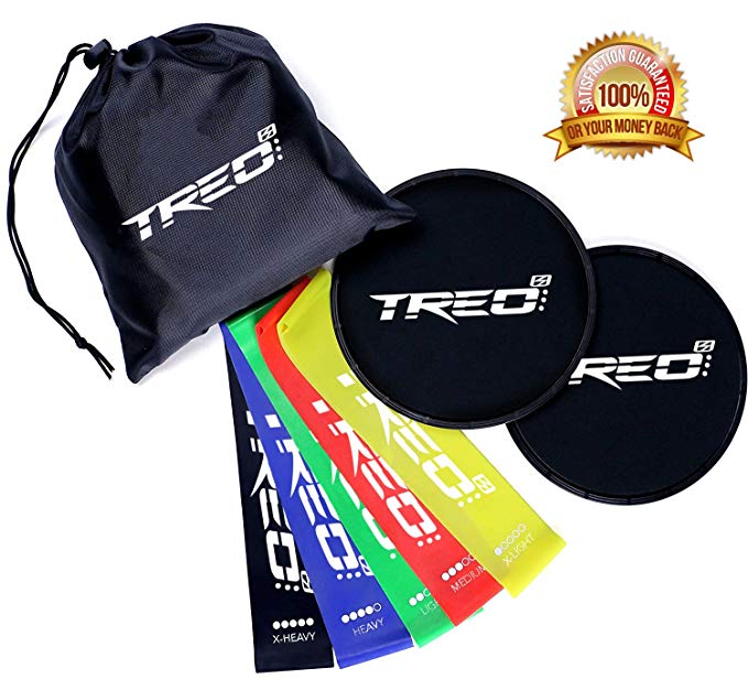 TREO Core Sliders - 5 Exercise Resistance Bands w/Carry Bag Home Fitness Double-Sided Exercise Sliders and Resistance Bands For Low Impact, High Intensity Abs, Glutes and Core Strengthening