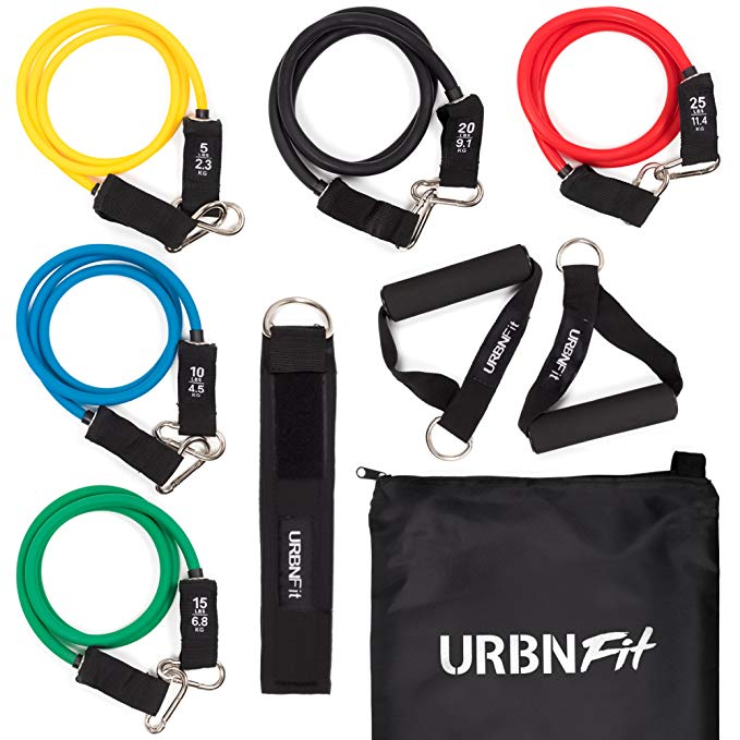 URBNFit Resistance Bands Set (12 Piece) Includes Door Anchor, Ankle & Wrist Strap, Exercise Guide And Carrying Bag For Strengthening And Training (Pro Series)