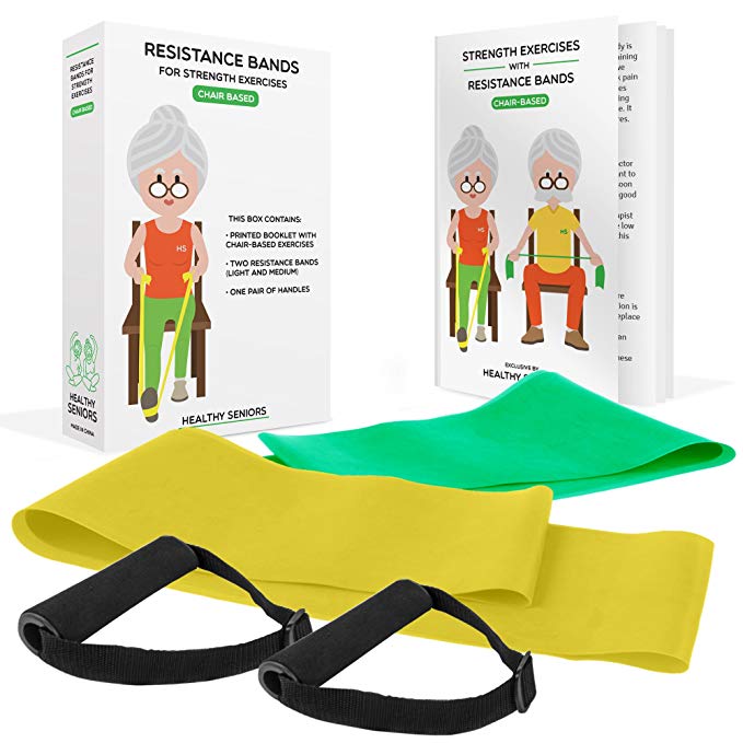 Healthy Seniors Strength Chair Exercise Program with two resistance bands, handles and printed exercise guide- includes video exercises. Ideal for rehab or physical therapy. Perfect gift for elderly.