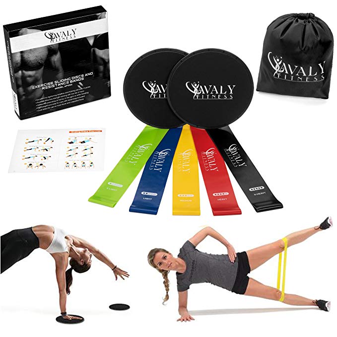 Avaly Fitness Professional Gliding Discs and 5 Exercise Resistance Loop Bands, Double-Sided Sliding Discs, Lightweight, Low-Impact Exercises to Workout Core, Glutes, Legs and Abs at Home/Anywhere