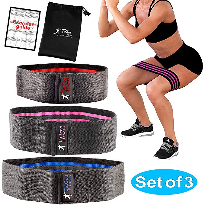 Taigod Resistance Hip Bands Circle Set of 3 with Carrying Bag - Stretchable Fabric, Non-Slip Elastic Inner Layer - Strength Training and Physical Workout - Fitness Loops for Butt and Legs