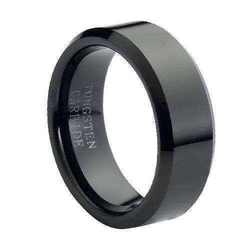 Tungsten Carbide High Polish Black Enamel Plated Beveled Edge 8mm Wedding Band Ring, 12 Size