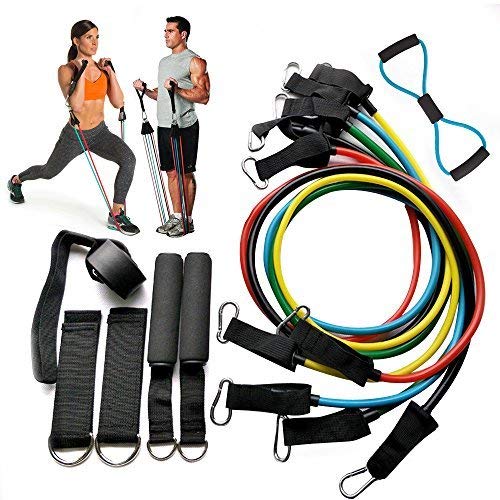 Resistance Bands 12 Piece Set Exercise Fitness Workout Bands with Door Anchor Attachment, Foam Handles, Legs Ankle Straps, Exercise Guide and Waterproof Carrying Case for Physical Therapy Home Gyms