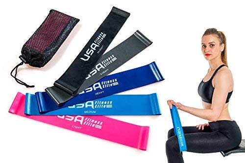 Resistance Loop Bands Set of 5 by USA Fitness Elite – Color Coded, 5 Resistance Options, Durable & Lightweight + Free Carry Bag! Extra Long Bands, 12Inch Exercise Band, Workout without a Gym – Quality Latex Retains its Elasticity. Get the Body you Want! Bonus - Online Video and eBook