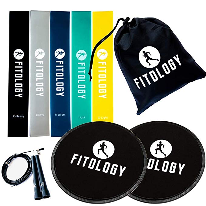 Resistance Bands & Core Sliders Set | Quality Resistance Loops (5) Premium Dual Sided Gliding Discs (2) Speed Jump Rope (1) - Booty Band Fitness Exercise & BeachBody 80 Day Obsession - BONUS EBOOK