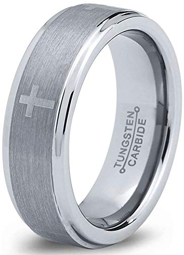 Charming Jewelers Tungsten Wedding Band Ring 6mm for Men Women Christian Cross Comfort Fit Step Beveled Edge Brushed