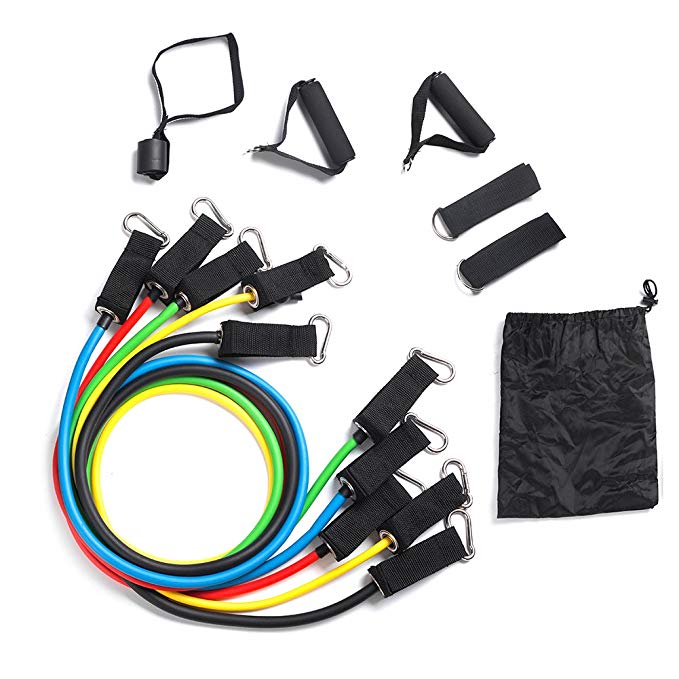 Resistance Bands Set 11 Piece 5 Stackable Exercise Tube Bands,Workout Bands 1 Door Anchor, 2 Ankle Straps, 2 Foam Handles & A Carrying Bag for Resistance Training, Physical Therapy & Home Workouts