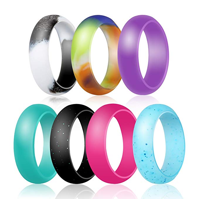 Womens Silicone Wedding Ring Band - Jowwier Silicone Ring 7 Pack Various Colors Rings Pack -Comfortable fit&Skin Safe