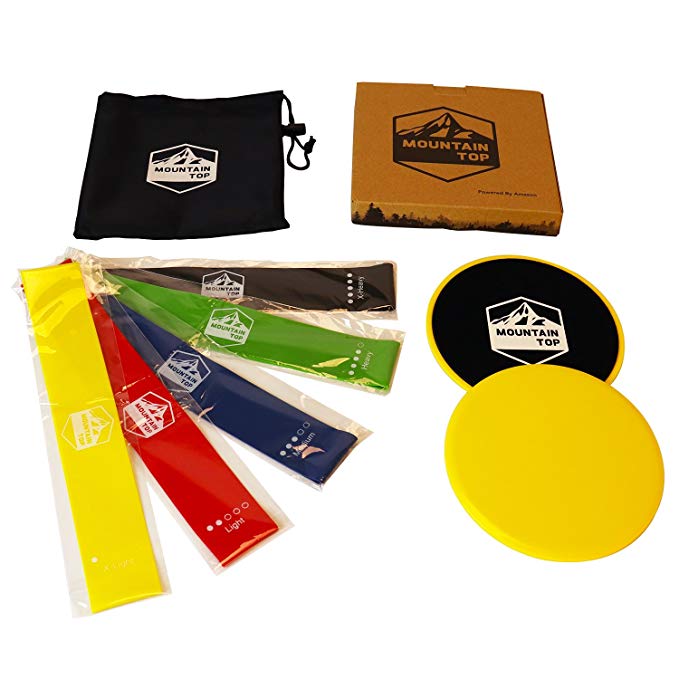 FLASH SALE! Mountain Top Products -Gliding Discs and Resistance Bands (5) Set w/Carrying Case - Easy to Use, Versatile for Glute Strengthening/Core Activation/Fitness/Home & Gym Workouts/Yoga/Pilates