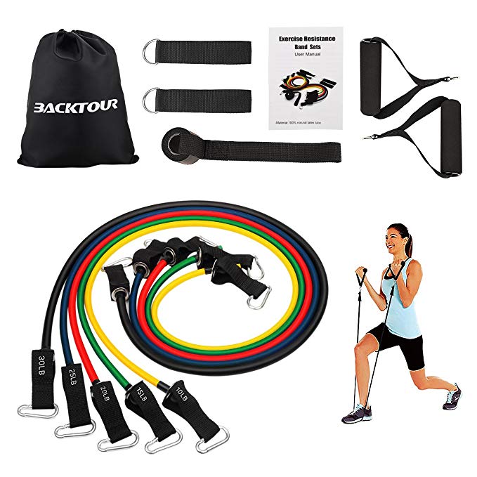 BACKTOUR 11 pcs Resistance Band Set, 5 Stackable Exercise Bands with 2 Exercise Tube Bands, 2 Ankle Straps, Door Anchor and Carry Bag for Training Workout Rehabilitation (Stackable Up To 100lbs)