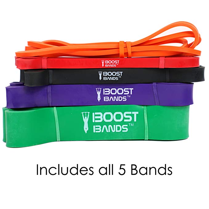 Boost Bands 41” Loop Pull Up Assistance Bands - Set of 5 Bands - #1 Orange #2 Red, #3 Black, #4 Purple, #5 Green – Provides 5 – 300lbs Resistance / Assistance