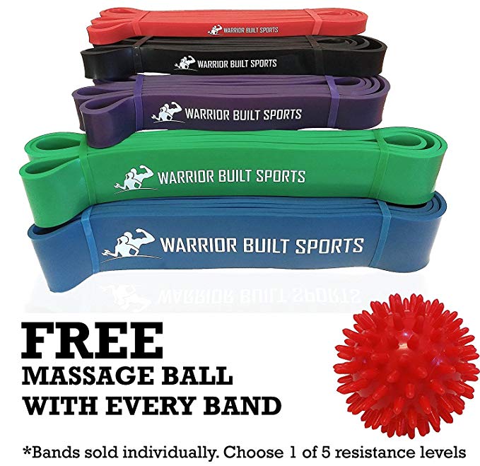 Pull Up Assist Bands - FREE Massage Ball - Resistance Bands for Chin Up, Weightlifting and Stretching - Mobility Bands Crossfit by Warrior Built Sports - Single Band