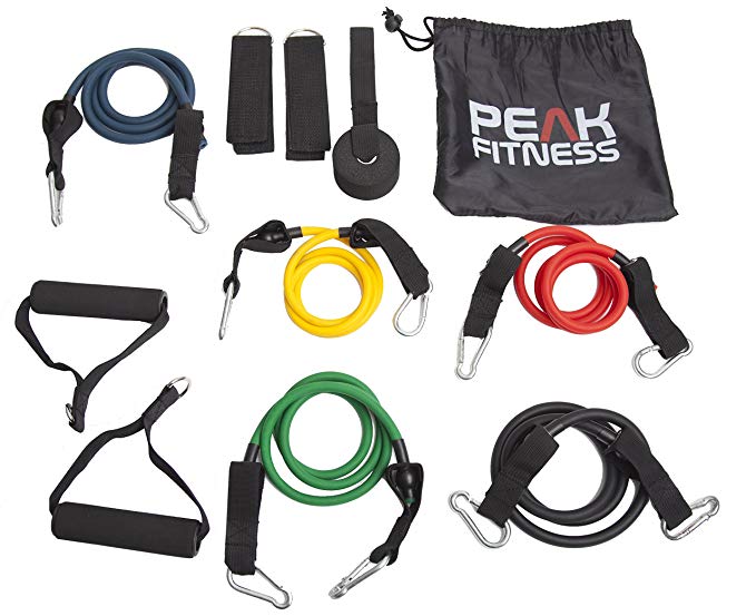 Peak Fitness Resistance Band Set with Door Anchor, Ankle Strap, Exercise Chart, and Carrying Case - 100% Satisfaction - NO RISK. Full Free 60 Day Money Back Guarantee