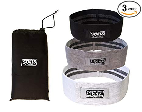 SiX13 Fitness Resistance Hip Bands for Booty Workout, Exercise Glute Bands Ideal for Stretching, Lifting, Squatting, Low, Medium & Heavy Loop Set (Black, Gray, White - Set of 3), Includes Carry Bag