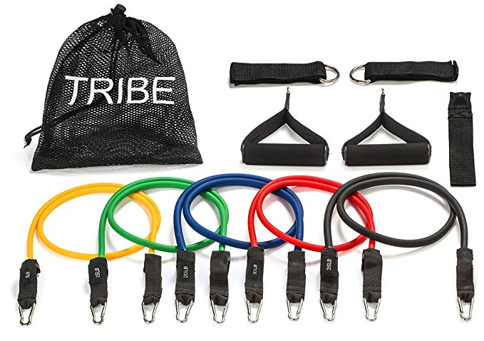 Tribe 11PC Premium Resistance Bands Set, Workout Bands - with Door Anchor, Handles and Ankle Straps - Stackable Up To 105 lbs - For Resistance Training, Physical Therapy, Home Workouts, Yoga, Pilates