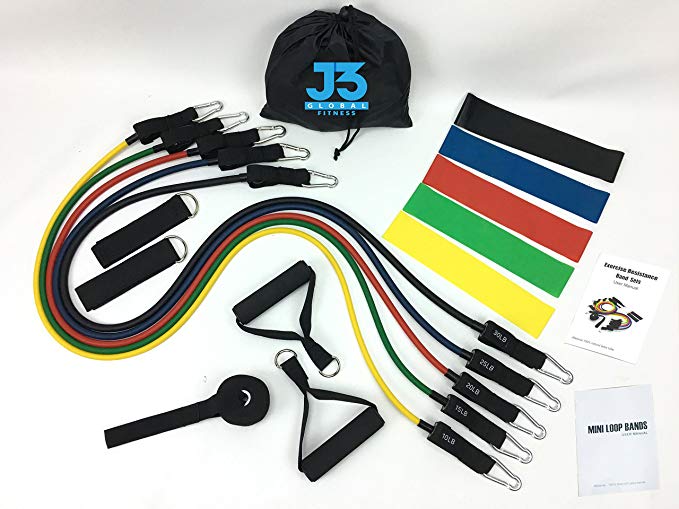 J3 Global Fitness 16 pcs Resistance Band Set, 5 Exercise Bands, Door Anchor, Foam Handles, Double Padded Ankle Straps, Waterproof Bag Perfect for Strength and Cross Fit Training, Yoga and Rehab