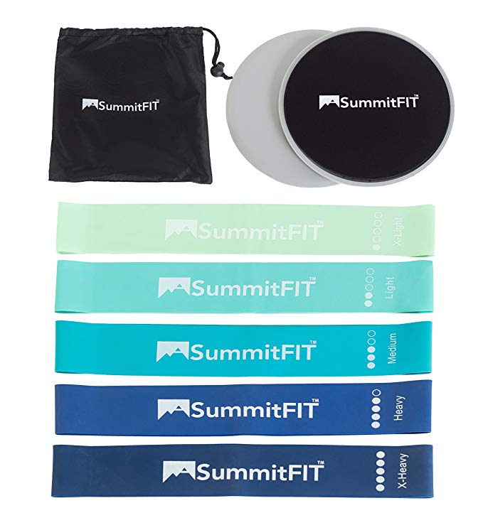 SummitFIT Core Sliders And Resistance Bands Set: Exercise Bands - Physical Therapy Bands, Mini Loop Bands, Dual Sided Gliding Discs, Yoga Bands, Home Fitness - Core Workout - Glute Bands, Booty Bands