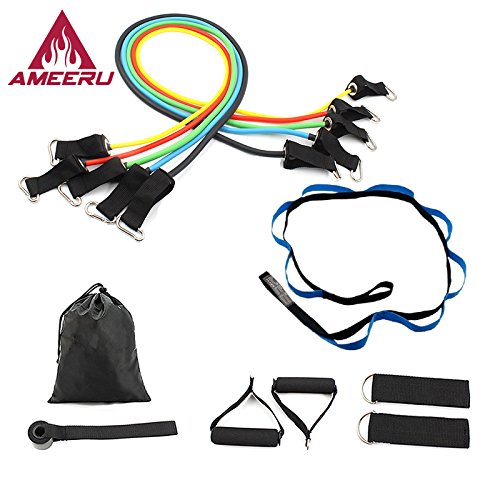 Ameeru Strength and Flexibility 11 piece Resistance Bands and Stretching strap bundle-with Door Anchor, Handles, Ankle Straps for Resistance Training, Yoga, Pilates, Martial Arts