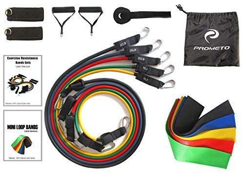 Resistance Bands and Loops 18 pcs Set with Handles Ankle Straps Door Anchor Professional Quality Lifetime Warranty by Prometo